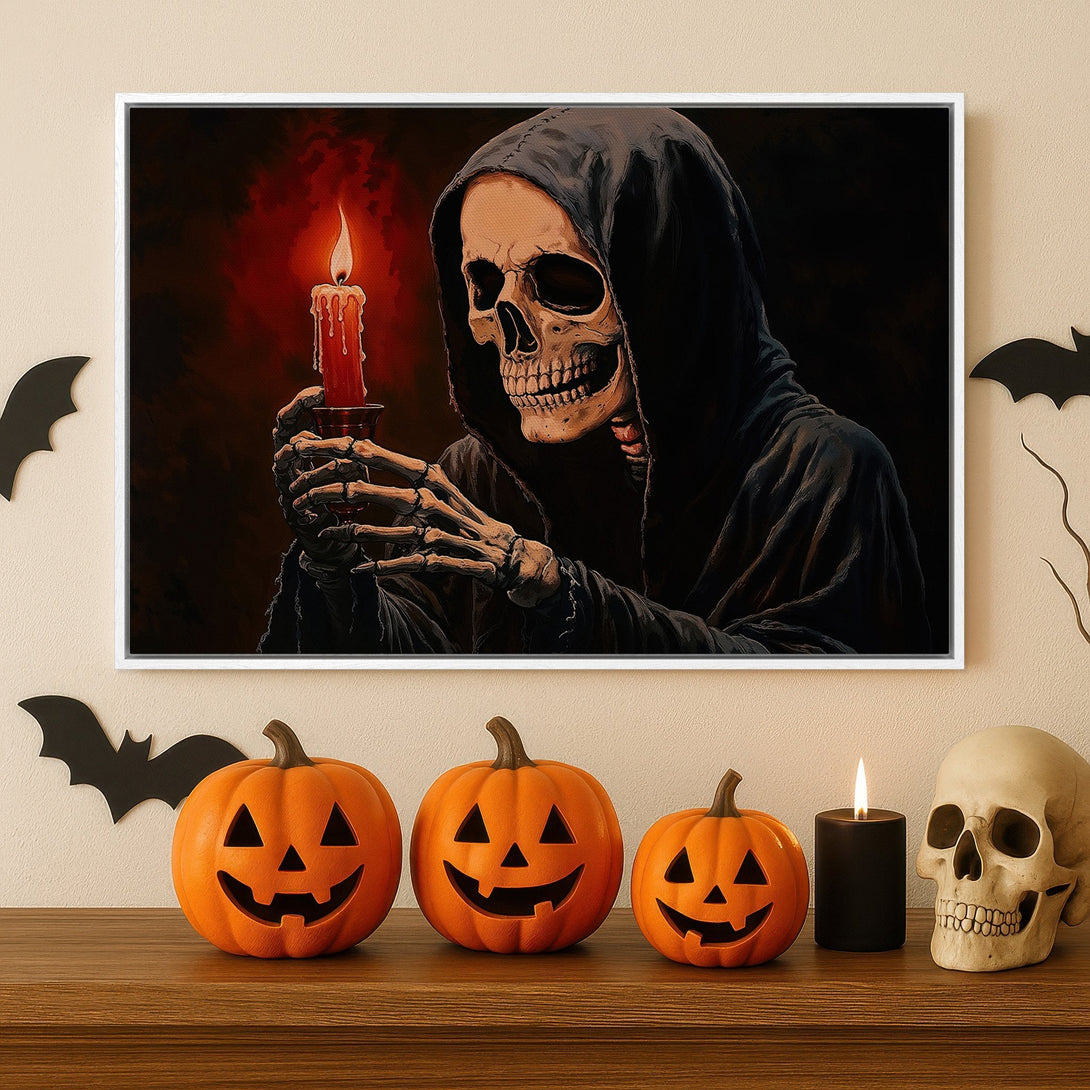 Framed Wall Art: Spooky Grim Reaper holding candle in a dark, red-toned painting. Perfect Halloween decor, adds a haunting touch to any space.