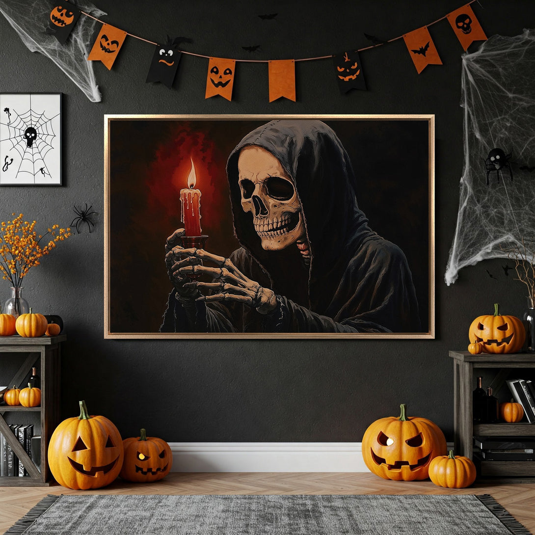Framed Wall Art: Spooky Halloween scene featuring a Grim Reaper holding a candle. Dark, moody color palette with orange and black accents. Perfect for Halloween decor.