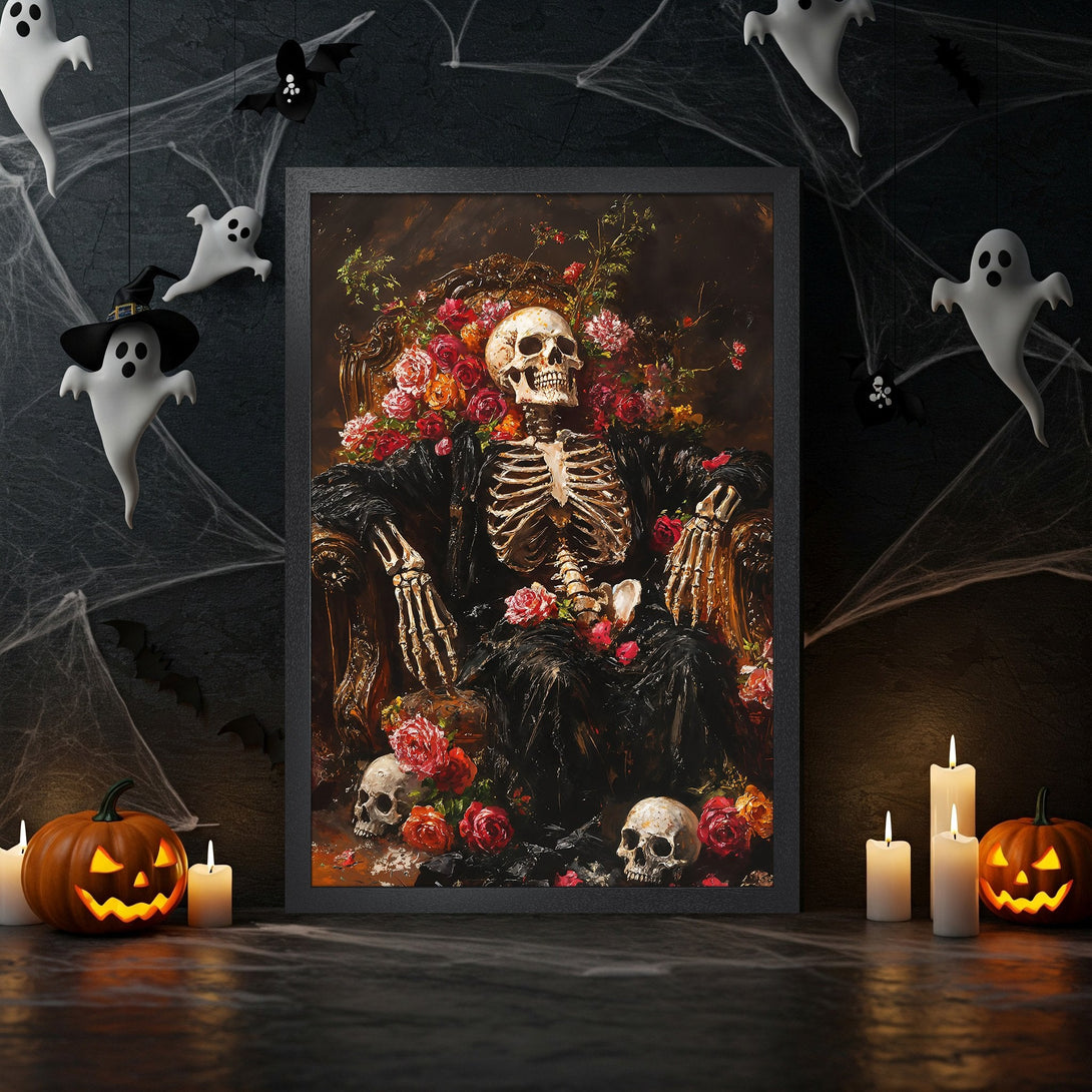 Framed Poster featuring a skeleton in a dark, gothic style with red and gold floral accents, perfect for Halloween decor.