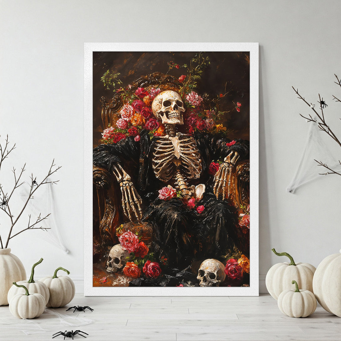 Framed Poster featuring a skeleton in a chair with roses, dark and moody style, rich red and brown color palette.