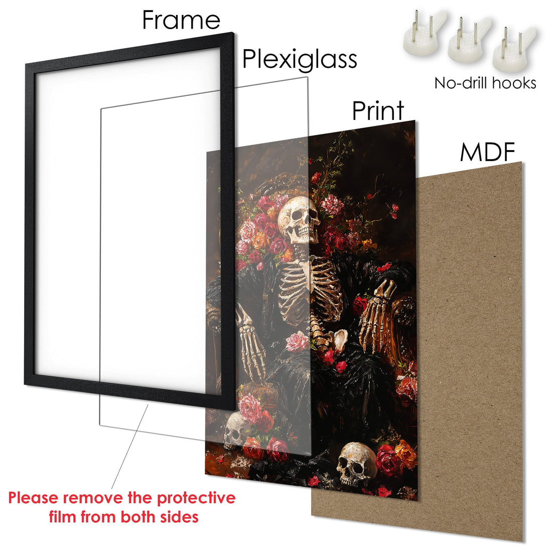 Framed Poster featuring a skull and floral artwork in dark, moody tones. Perfect wall art for gothic decor.