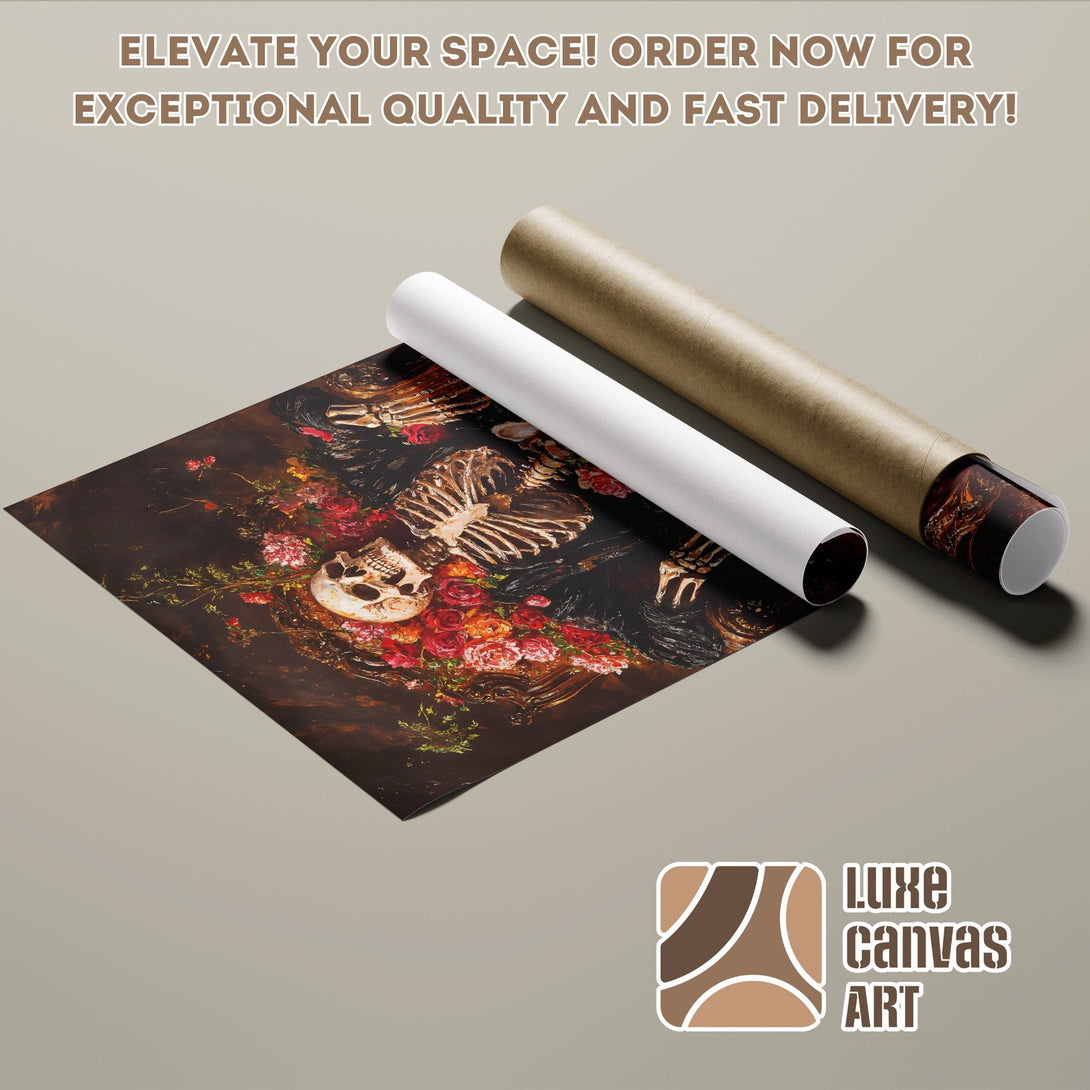 Poster Roll featuring a skull and floral artwork, dark and moody color palette. Order now!