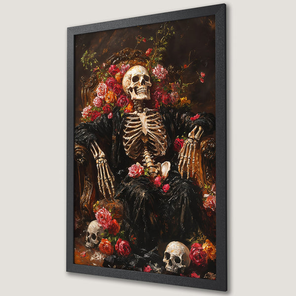Framed Poster of a skeleton in a chair with roses. Dark, gothic art style with a rich, warm color palette. Perfect for unique decor.
