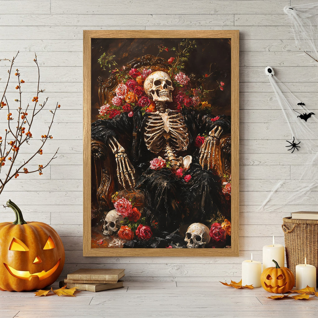 Framed Poster featuring a skeleton throne, dark & moody art style, with red, black, and gold color palette. Perfect Halloween decor!