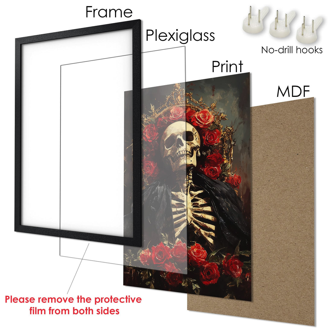 Framed Poster featuring a skull with roses, dark & dramatic style, rich red & black color palette. Perfect gothic wall art.