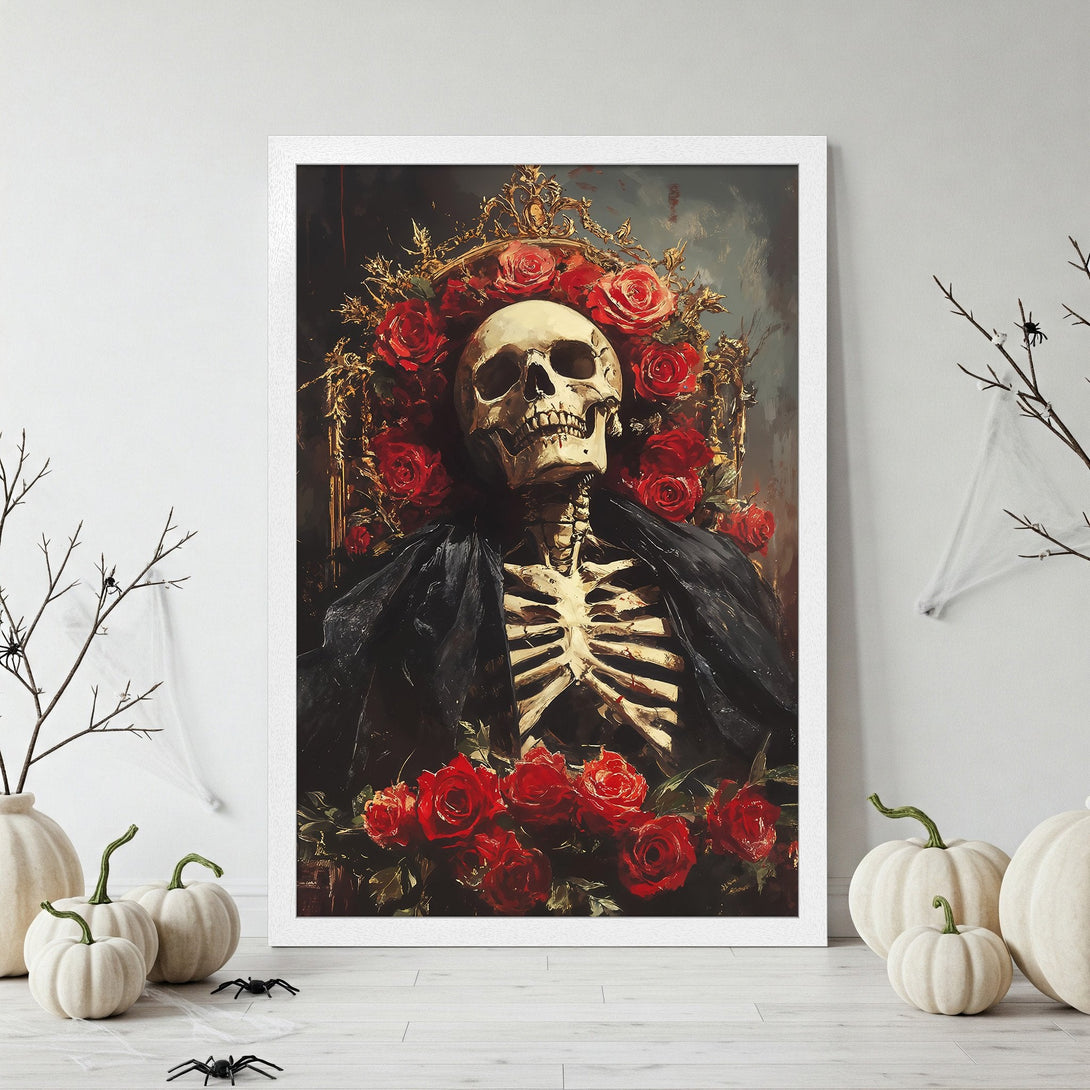 Framed Poster featuring a skeleton with roses, dark and moody art style, rich red and black color palette. Perfect Halloween decor!