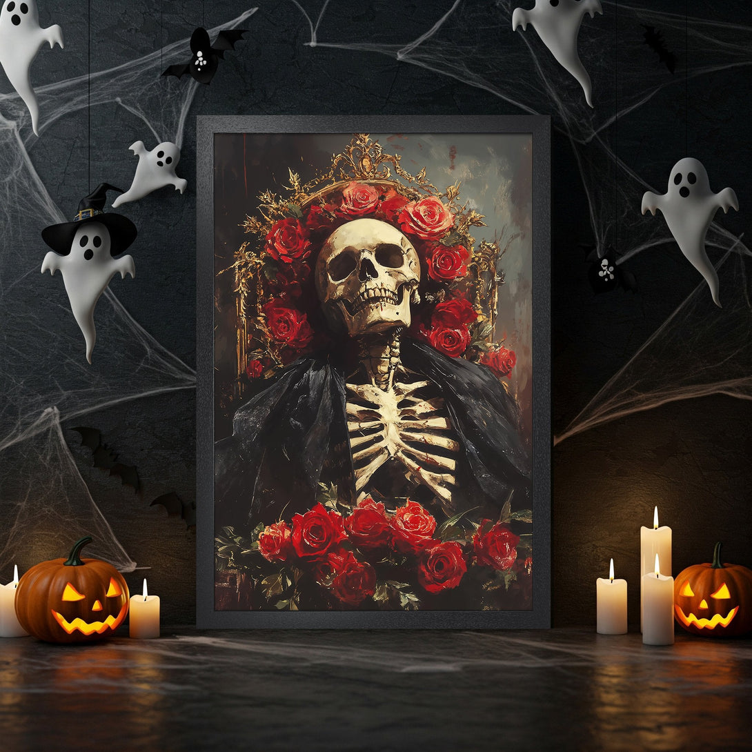 Framed Poster featuring a skull surrounded by roses, dark and moody art with a red and black color palette, perfect for Halloween decor.