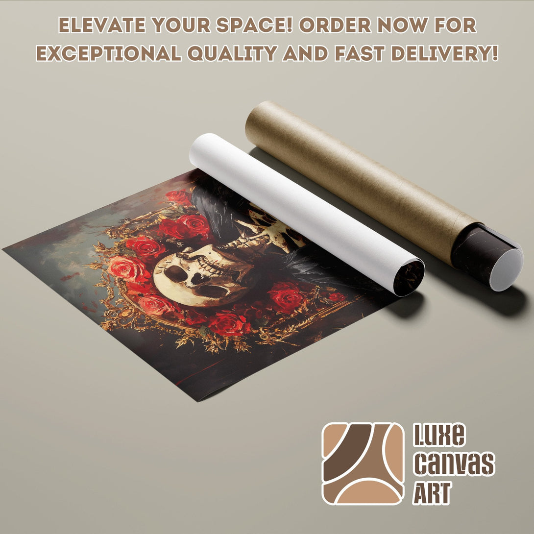 Poster Roll featuring a skull with roses, dark style, and a red and gold color palette.