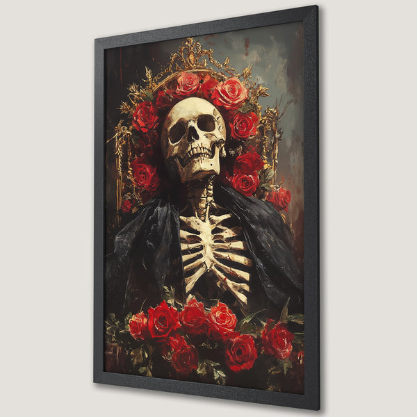 Framed Poster featuring a skull with roses, dark & dramatic style, rich red & black color palette. Add gothic art to your decor!