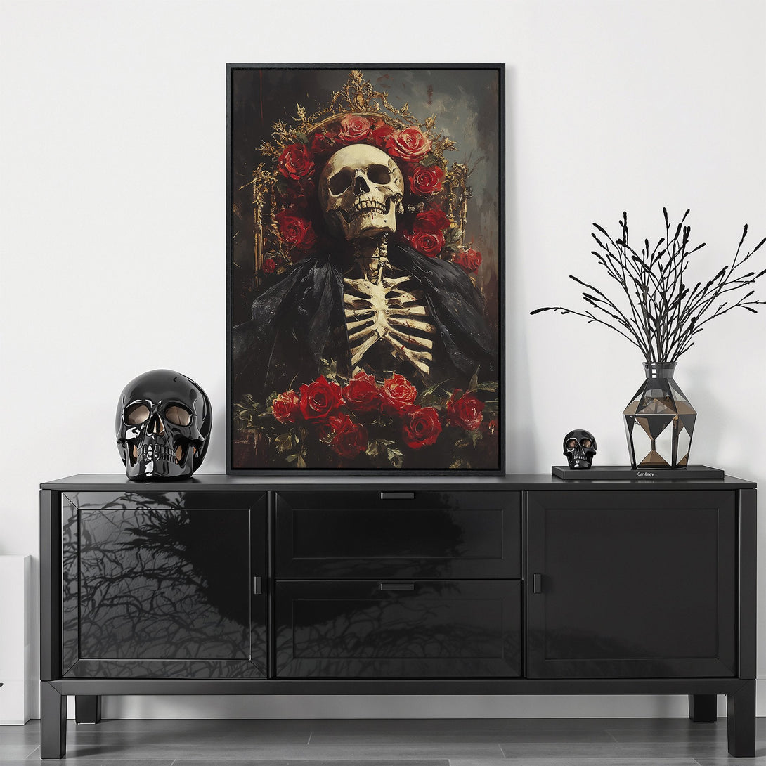 Framed Wall Art: Dramatic skull portrait with red roses. Gothic style artwork in a dark, moody color palette. Perfect for adding a unique touch to your home decor.