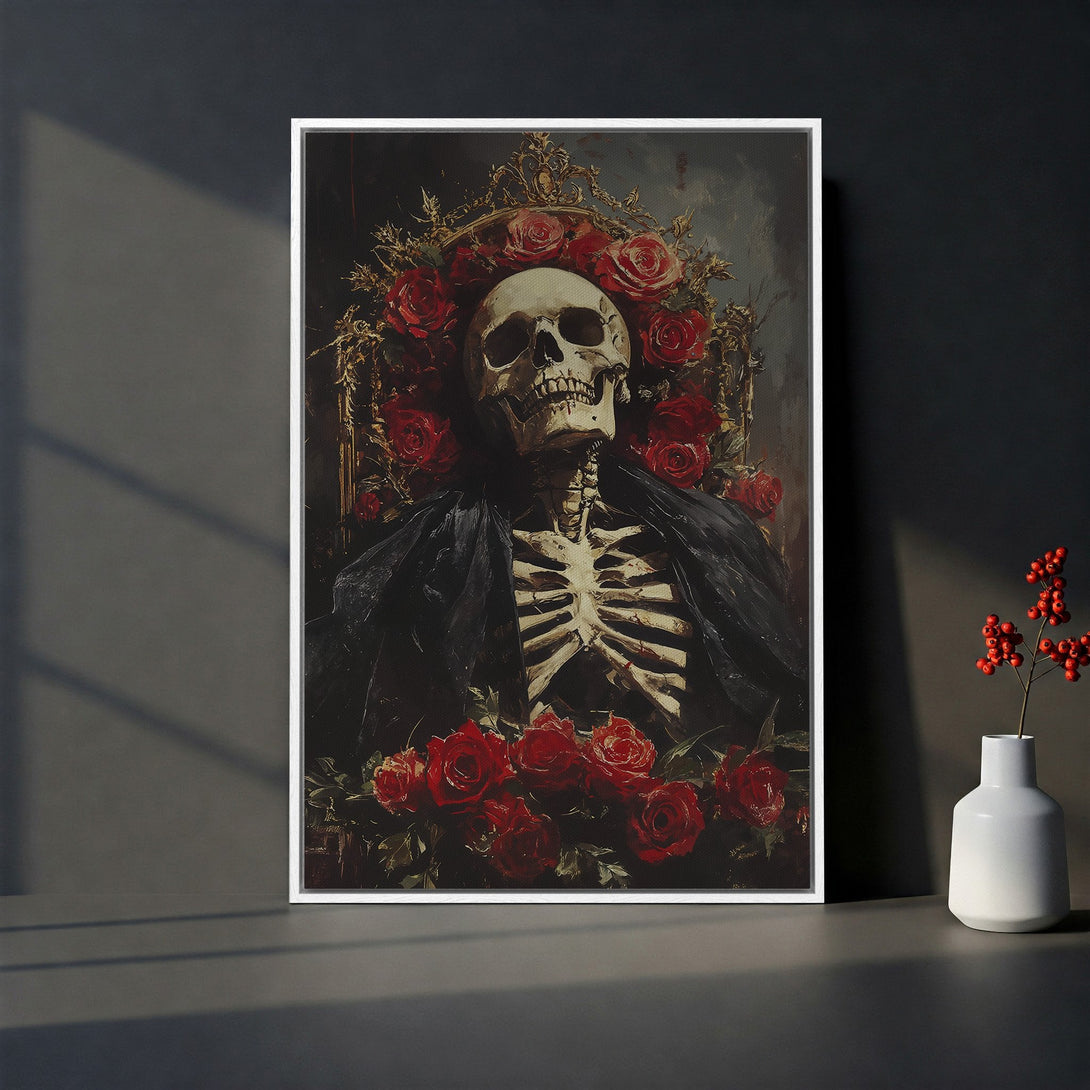 Framed Wall Art: Gothic skull with roses in dark, moody tones. Dramatic Canvas Print for unique home decor, featuring a vintage, artistic style.