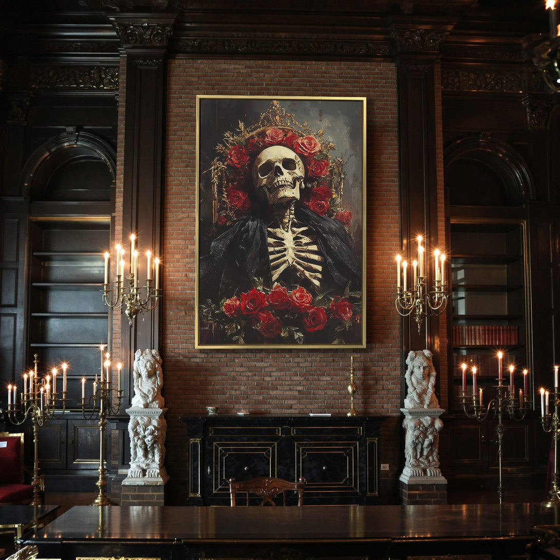 Canvas Print: Gothic skull art with red roses. Dark, moody aesthetic. Perfect Halloween decor.