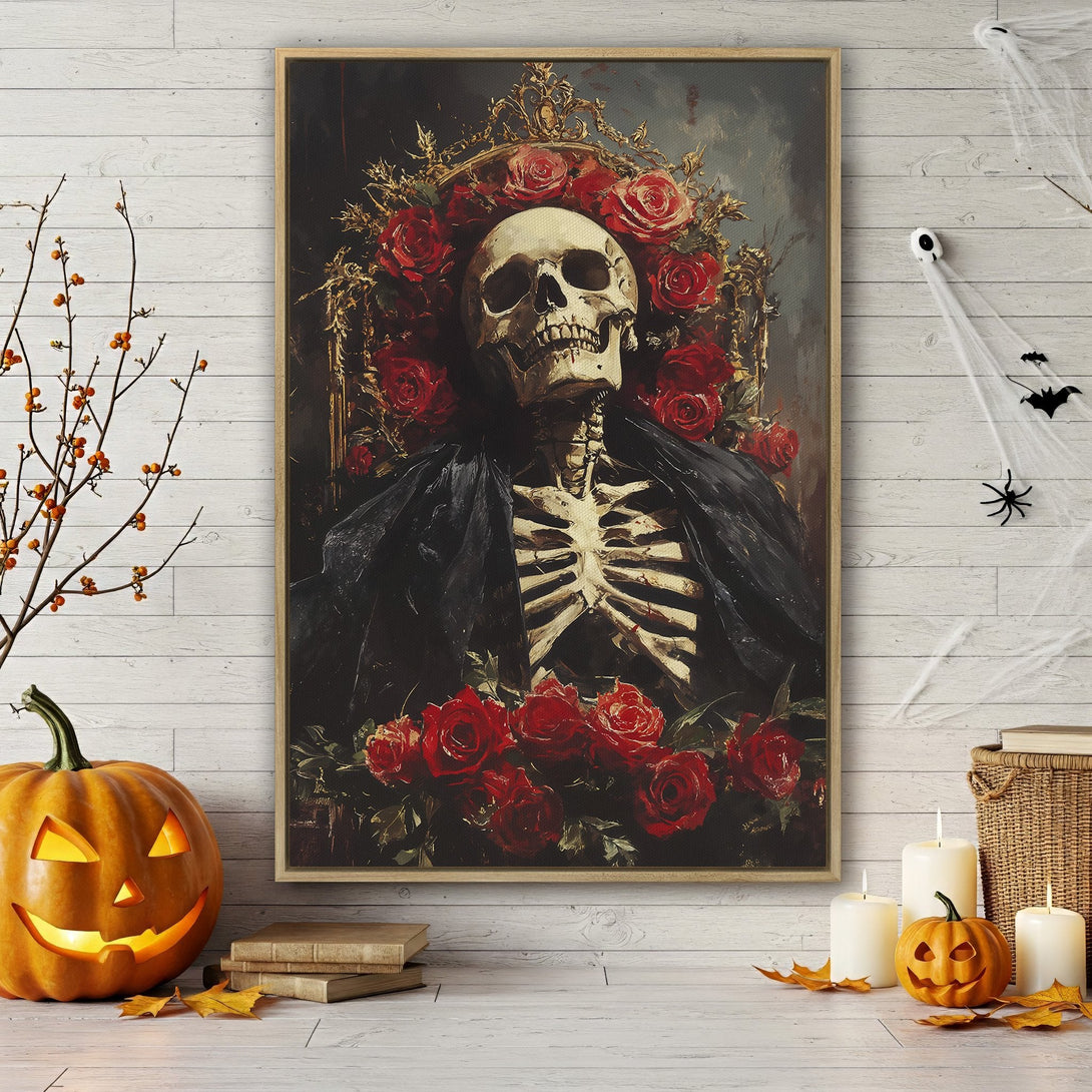 Framed Wall Art: Gothic skeleton portrait with red roses. Dark, dramatic art in a vintage style. Perfect Halloween decor.
