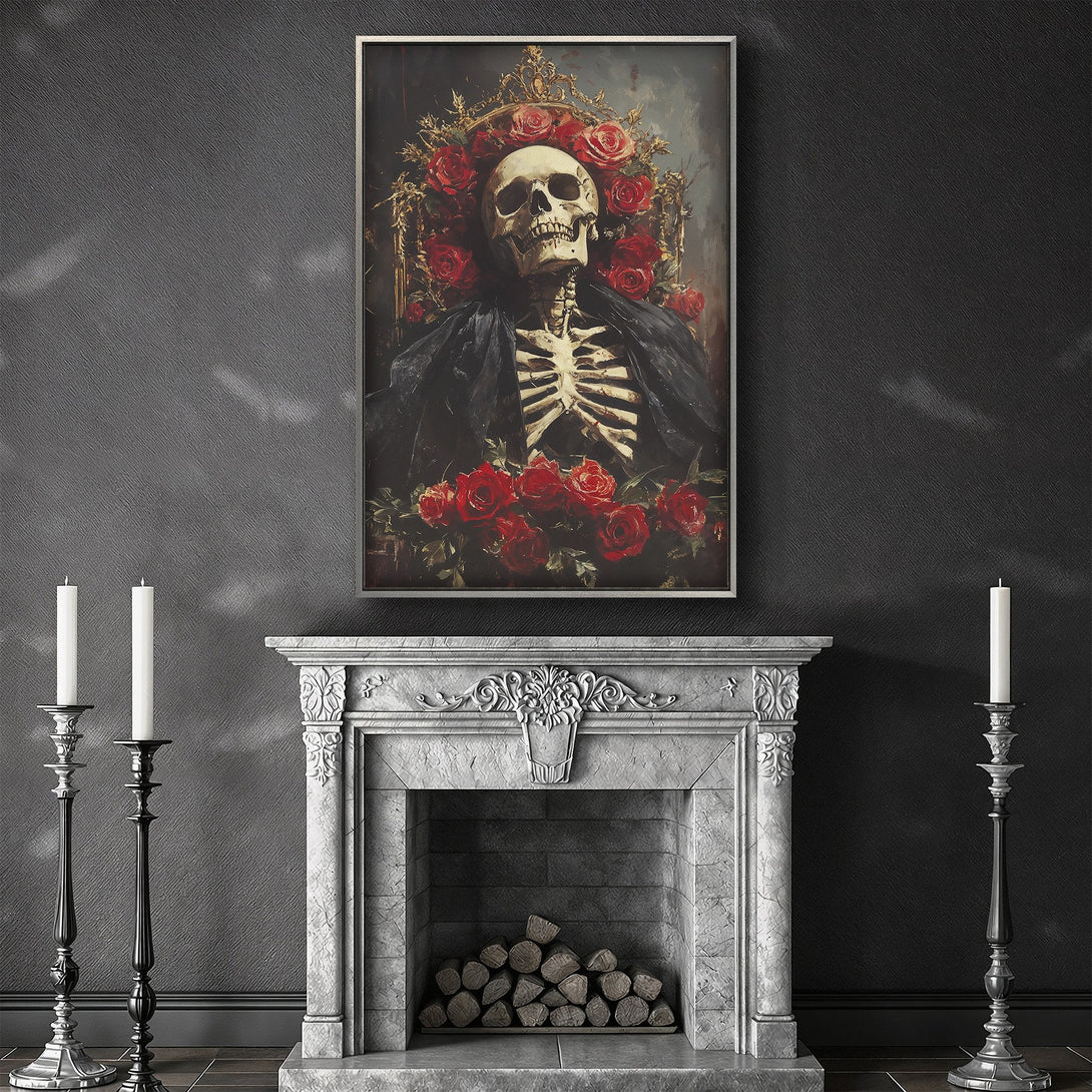 Framed Wall Art featuring a gothic skeleton with roses. Dark, moody color palette. Perfect for adding a touch of macabre elegance to your home.