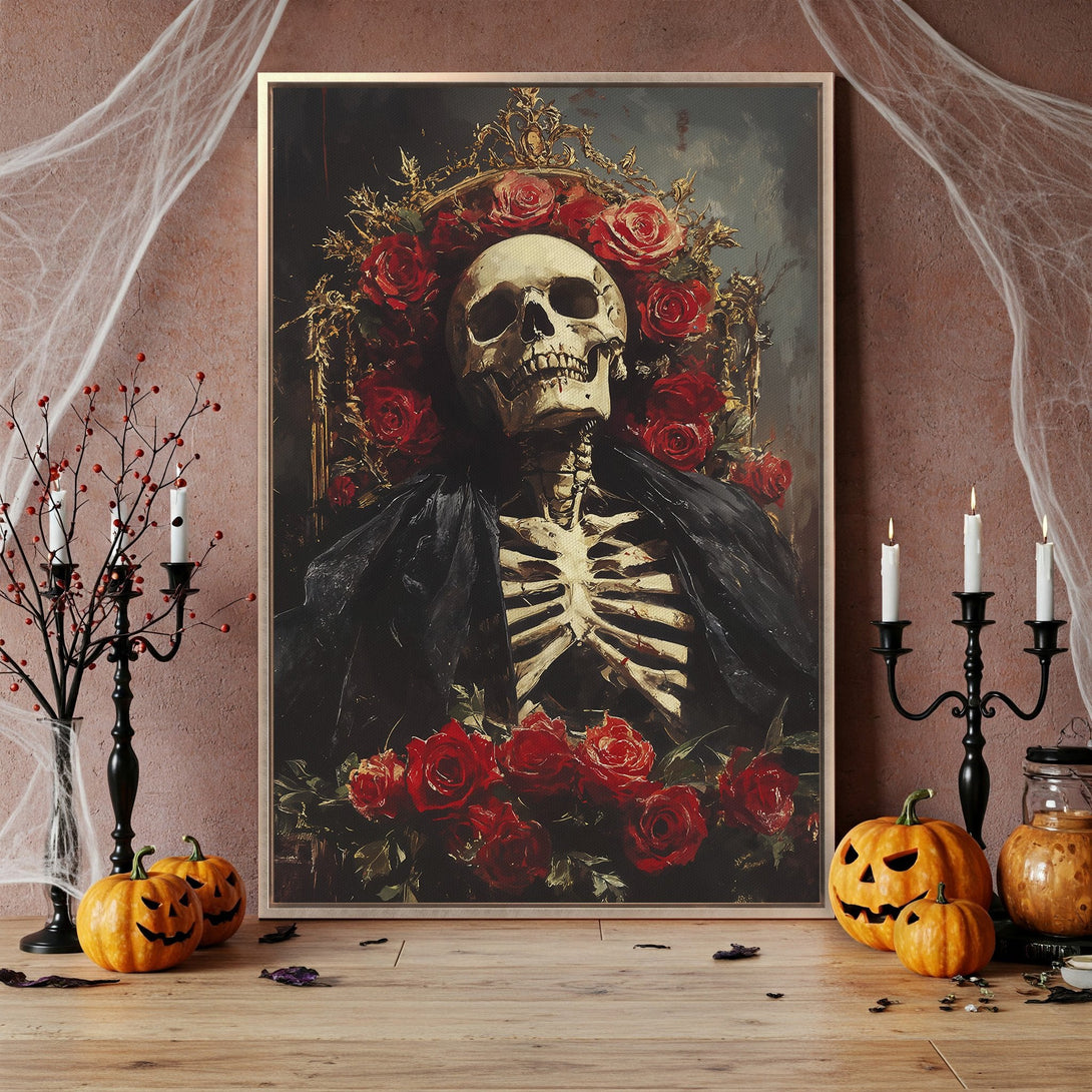 Framed Wall Art: Gothic skeleton portrait with red roses. Dark, moody color palette. Perfect Halloween decor.