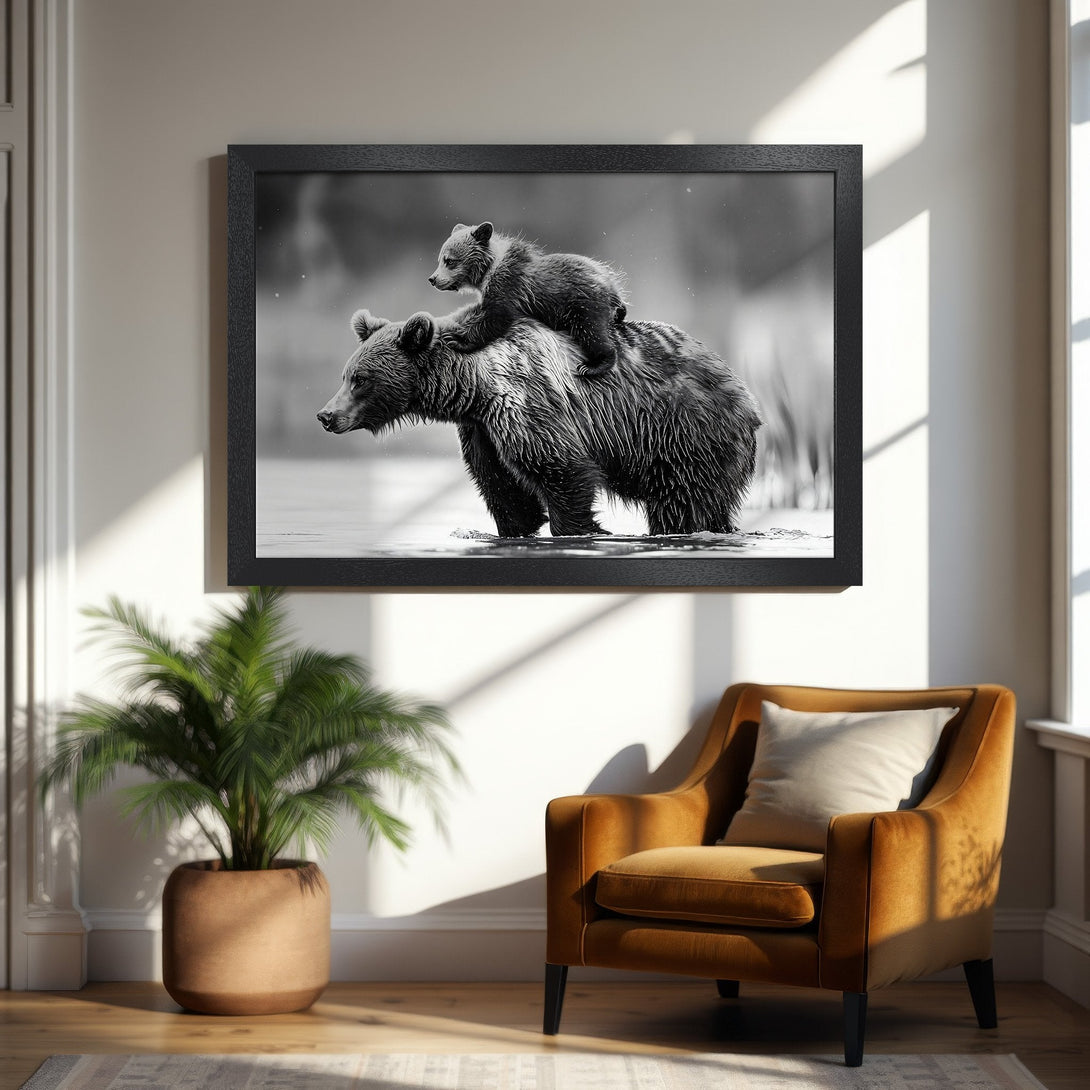 Framed Poster featuring a black and white image of a bear with a cub. Perfect for nature lovers!