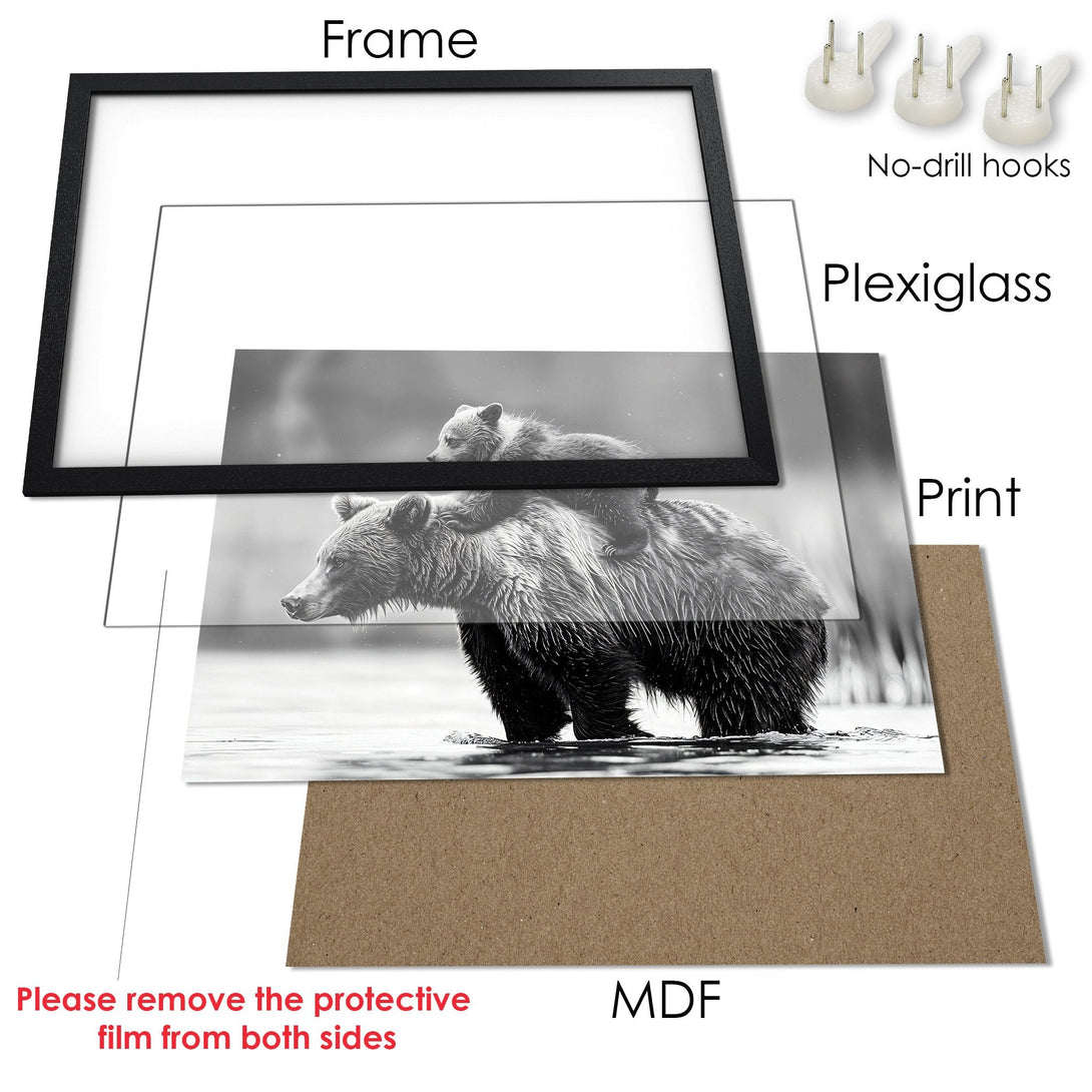 Framed Poster featuring a bear and cub in a monochrome style. Perfect wall art for your home!