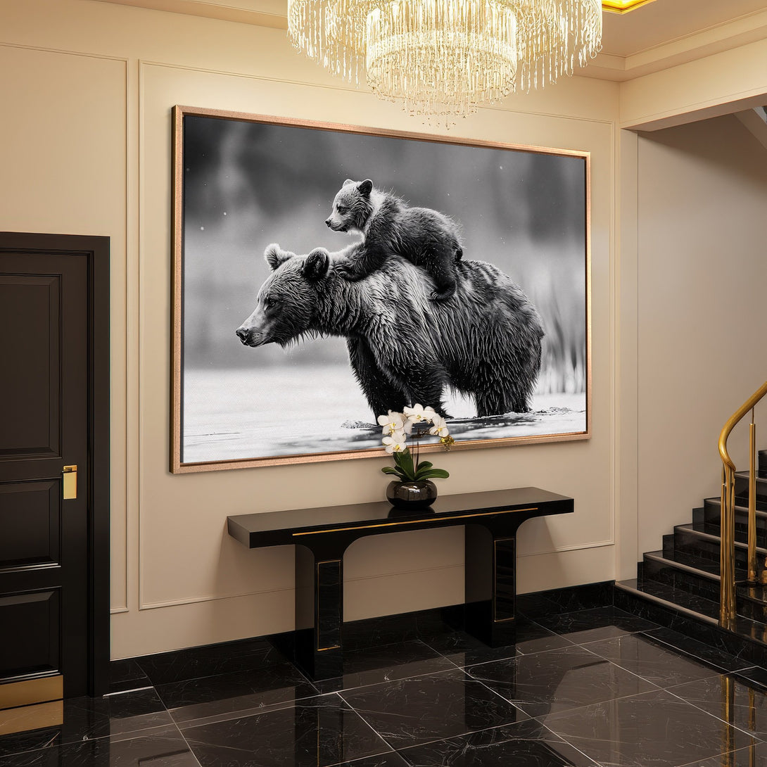 Framed Wall Art: Stunning black and white Canvas Print of a bear and cub. Perfect for modern home decor, adding a touch of nature's beauty.