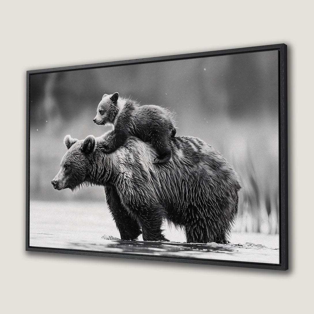 Framed Wall Art: Black and white Canvas Print featuring a bear carrying a cub. Rustic style with a monochrome palette, perfect for nature lovers.