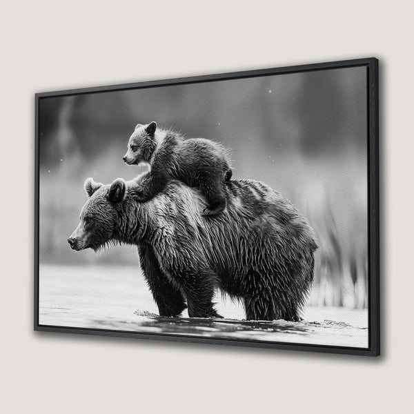 Framed Wall Art: Black and white Canvas Print featuring a bear carrying a cub. Rustic style with a monochrome palette, perfect for nature lovers.