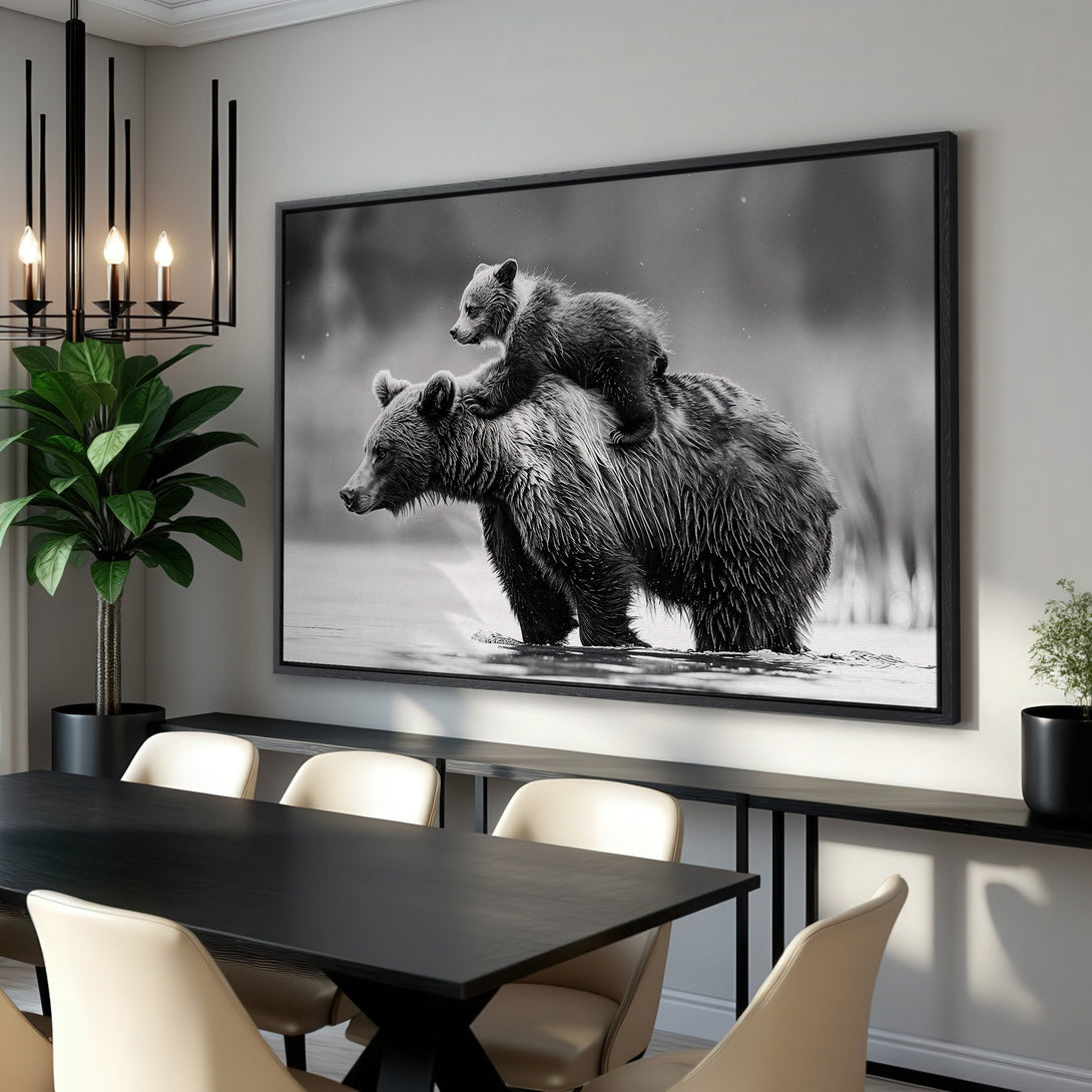 Framed Wall Art: Majestic black and white bear family canvas print. Stunning wildlife art for modern home decor. Neutral color palette.