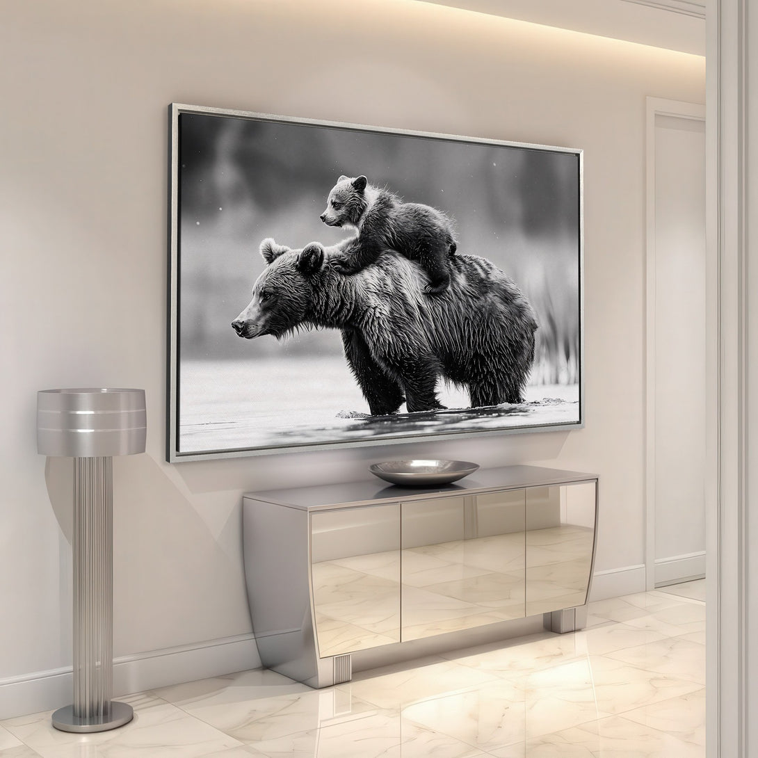 Framed Wall Art: Black and white photo of a bear and cub. Modern wildlife art canvas print, perfect for any home decor style.