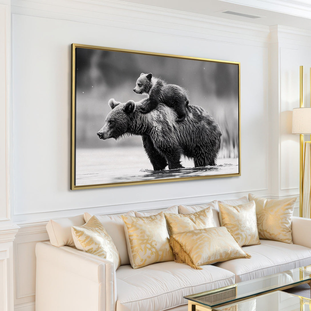 Canvas Print: Majestic black and white bear family art. Stunning wildlife photography adds a touch of nature and elegance to any space. Perfect for modern decor.
