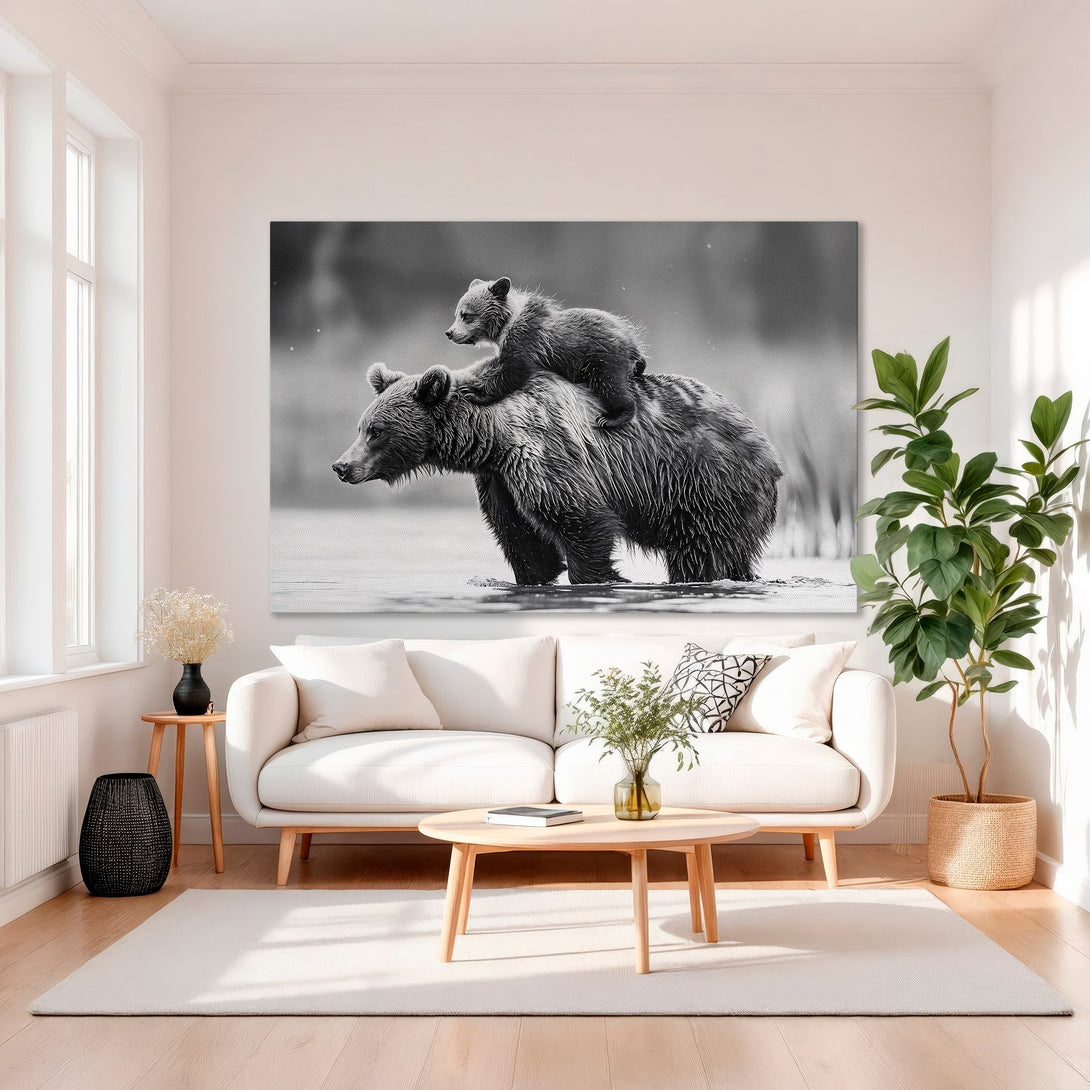 Framed Wall Art: Black and white bear family print. Modern wildlife art with a gold frame, neutral tones, perfect for living room decor.