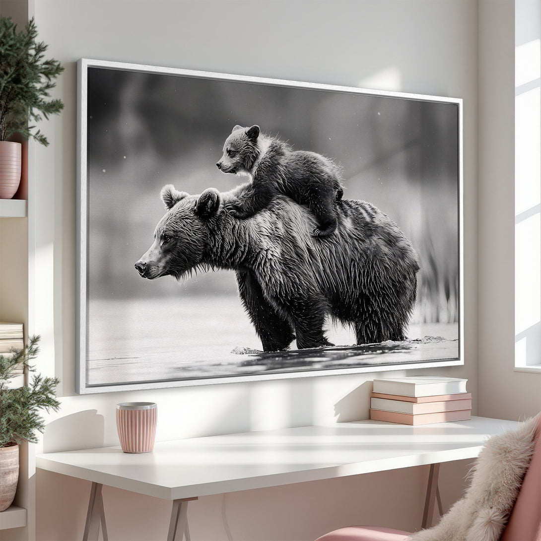 Framed Wall Art: Stunning black and white Canvas Print of a bear and cub. Perfect for adding a touch of nature and elegance to your home decor.