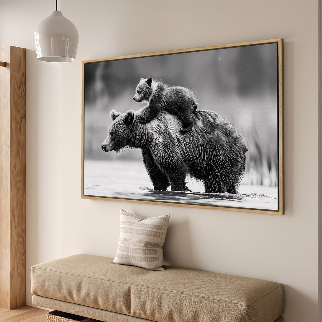 Framed Wall Art: Black and white bear family canvas print. Nature-inspired artwork in a neutral color palette, perfect for modern home decor.