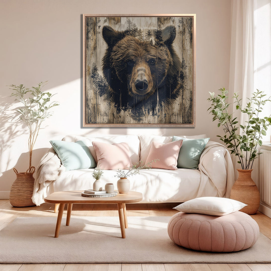 Framed Wall Art: Grizzly bear portrait in rustic style with brown, black, and beige tones. Perfect for adding a touch of nature to your home decor.