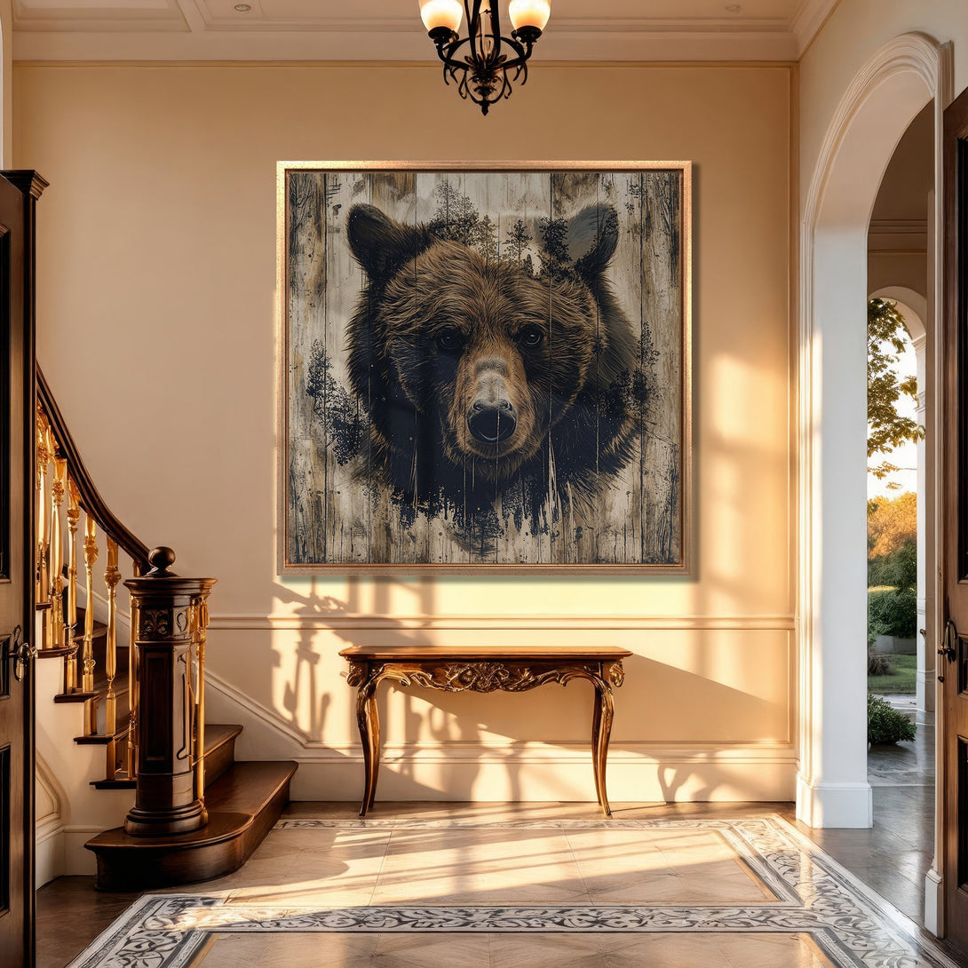 Framed Wall Art featuring a majestic bear portrait in rustic tones. Enhance your home with this stunning Canvas Print, perfect for any interior.