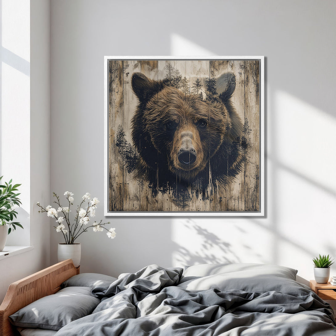 Framed Wall Art: Grizzly bear portrait in rustic style, brown and neutral tones. Perfect for bedroom decor. Add a touch of nature to your space!