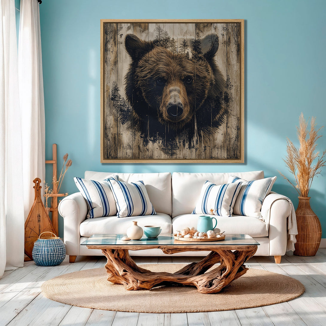 Framed Wall Art: Grizzly bear portrait in a rustic style. Earthy tones with a pop of blue. Perfect for adding a touch of nature to your home decor.
