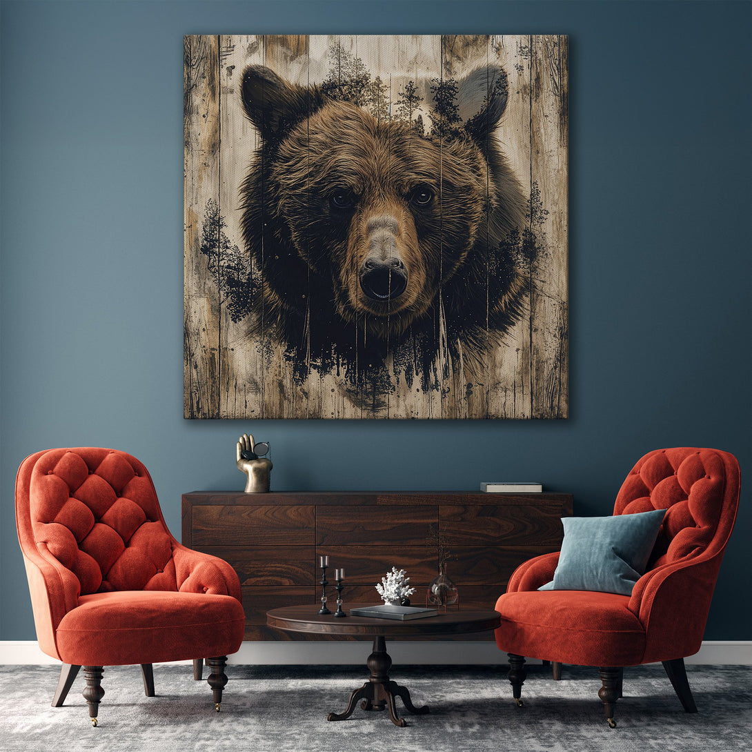 Framed Wall Art: Majestic bear portrait in a rustic style with a warm, earthy color palette. Perfect for living room decor. Shop now!