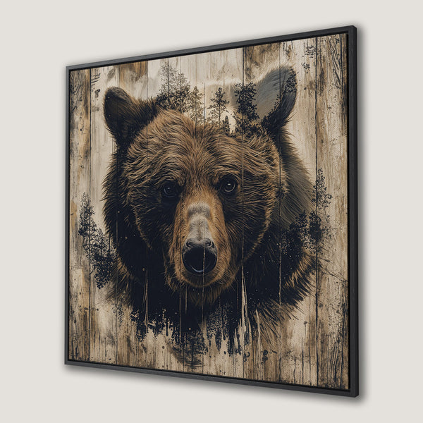 Framed Wall Art featuring a majestic bear portrait in a rustic style with a warm, earthy color palette. Perfect for nature lovers!