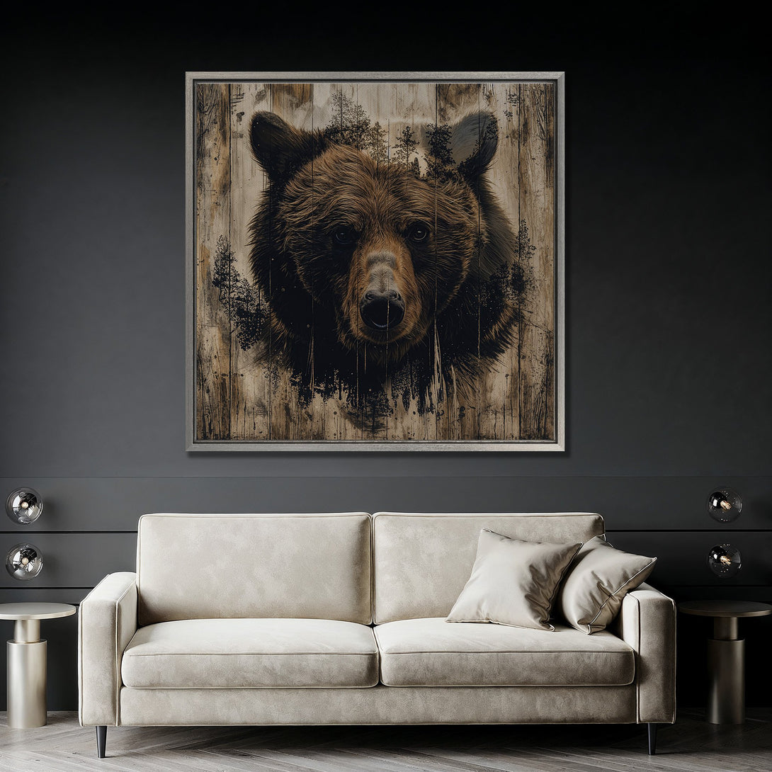 Framed Wall Art featuring a majestic bear portrait in a rustic style with a brown and neutral color palette, perfect for any interior.