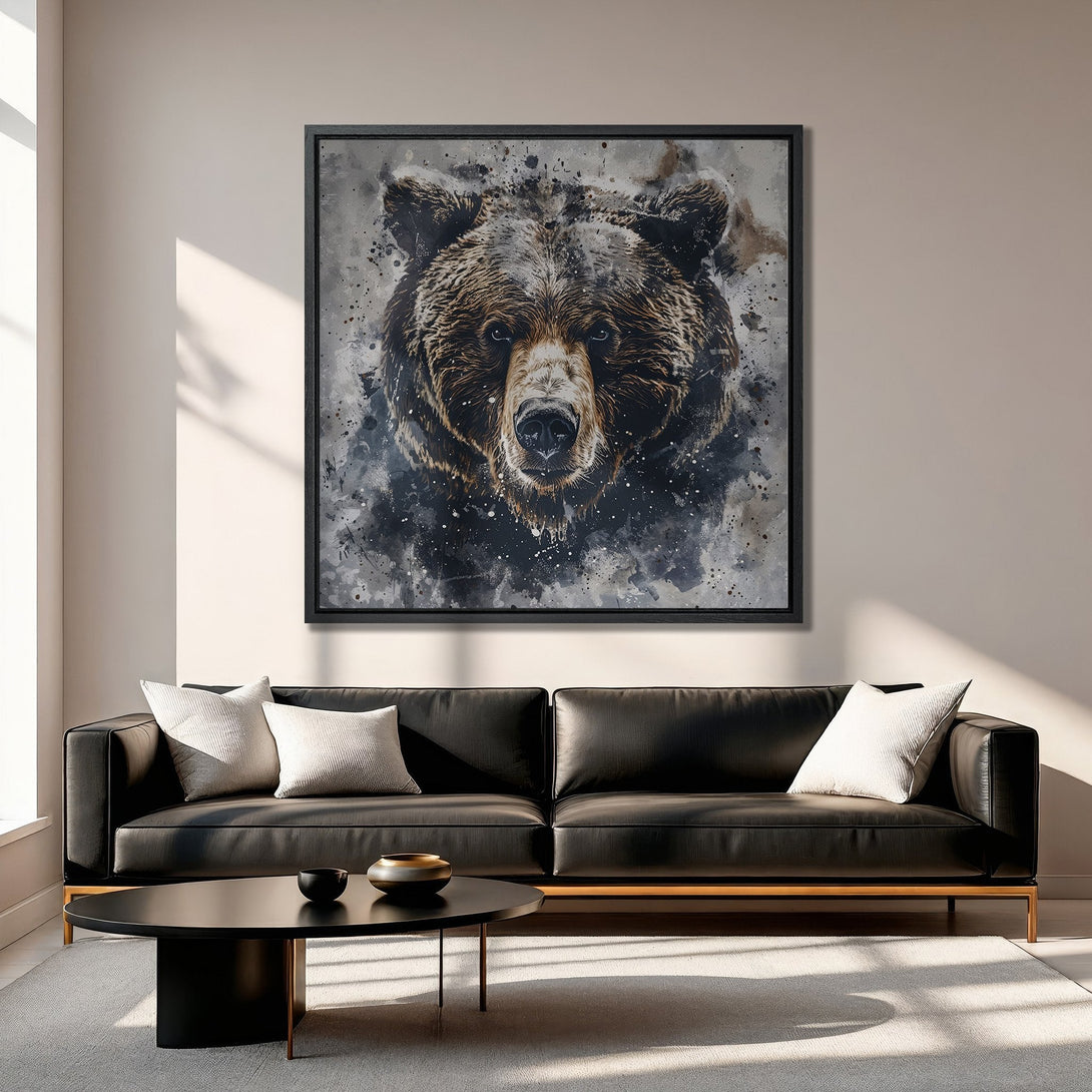 Framed Wall Art: Grizzly bear portrait in watercolor style. Earthy tones of brown, gray, and black create a striking piece for any modern interior.