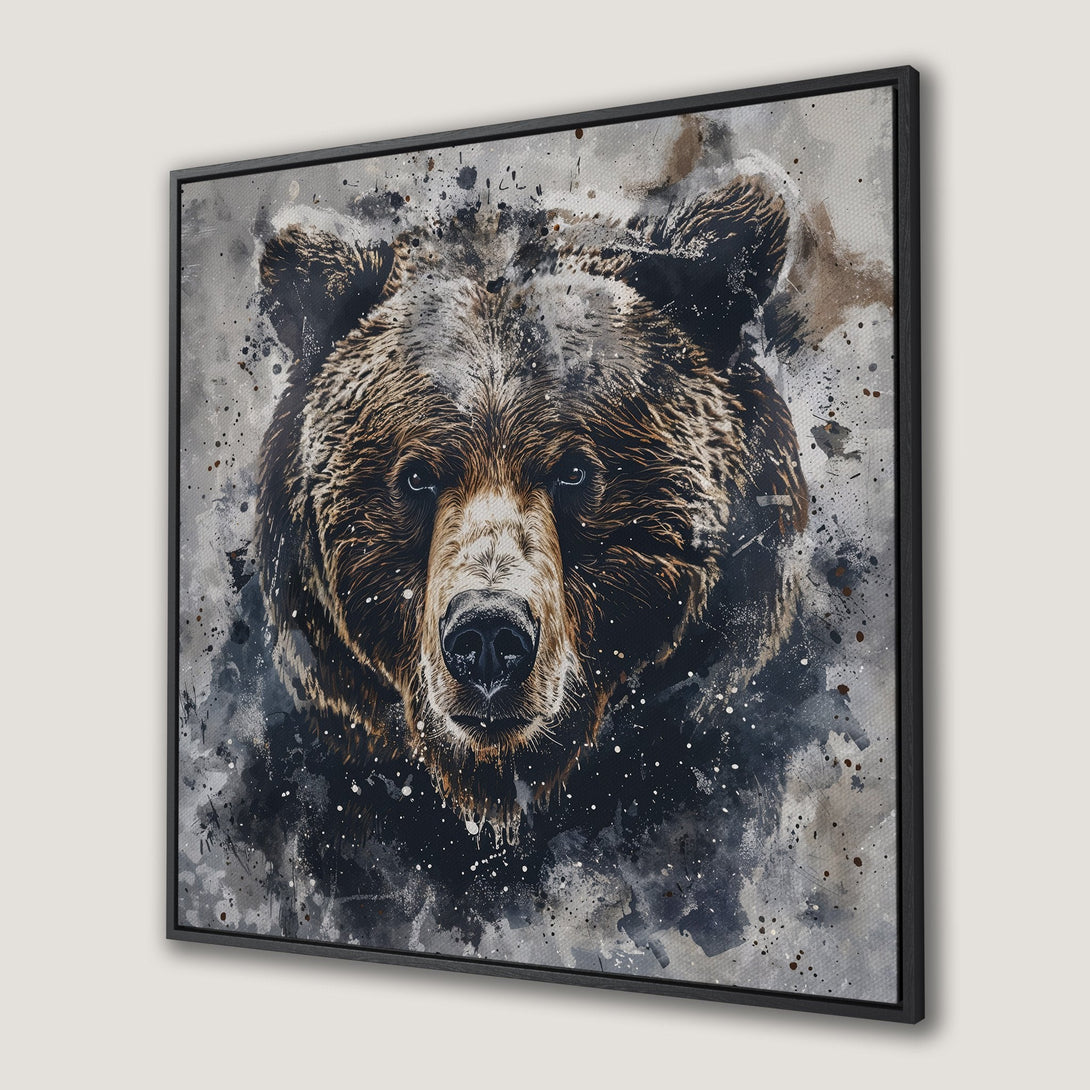 Framed Wall Art: Grizzly bear portrait in watercolor style. Earthy brown and gray palette. Perfect for rustic decor.