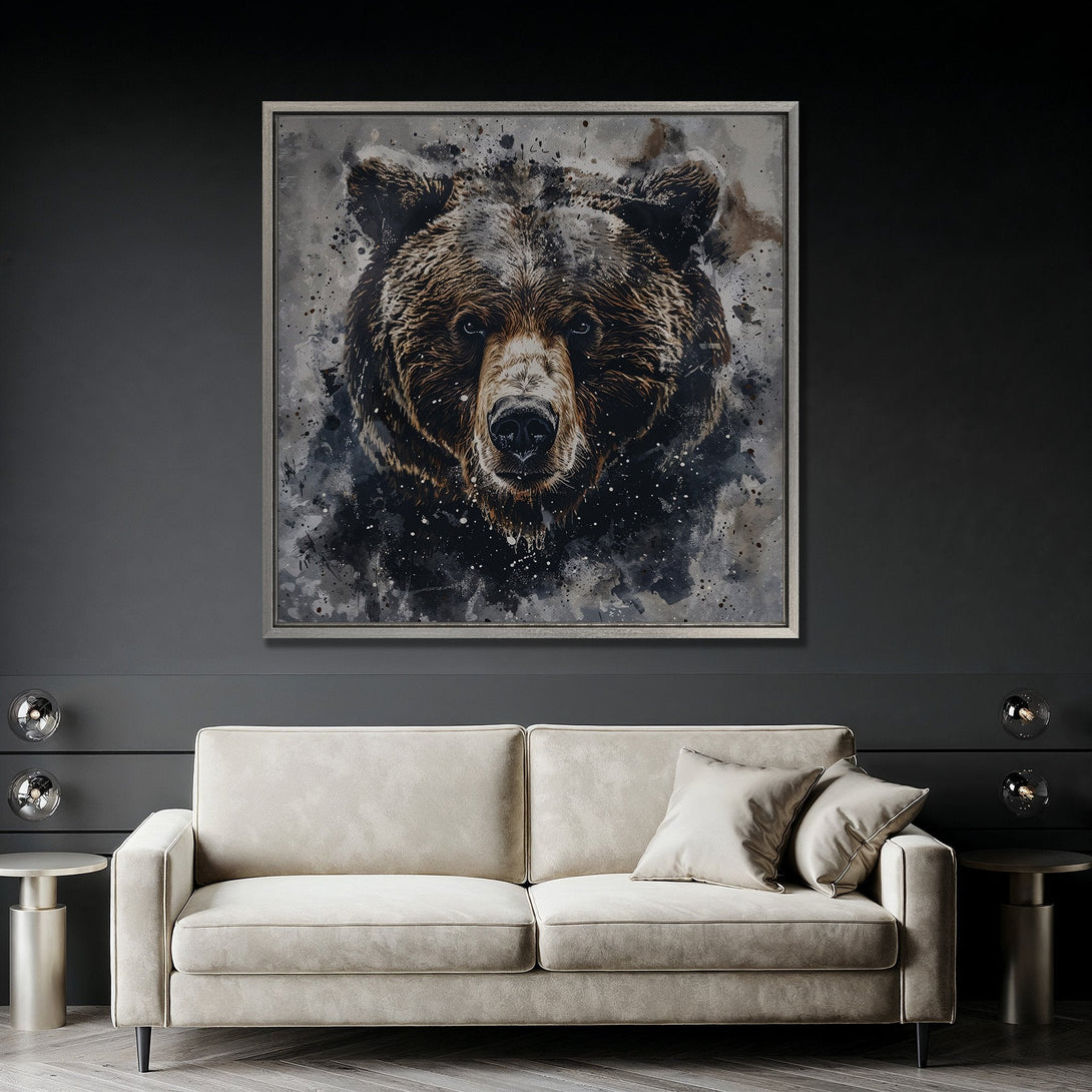 Framed Wall Art: Grizzly bear portrait in watercolor style. Earthy brown tones with dark gray and white accents. Modern art for living room decor.