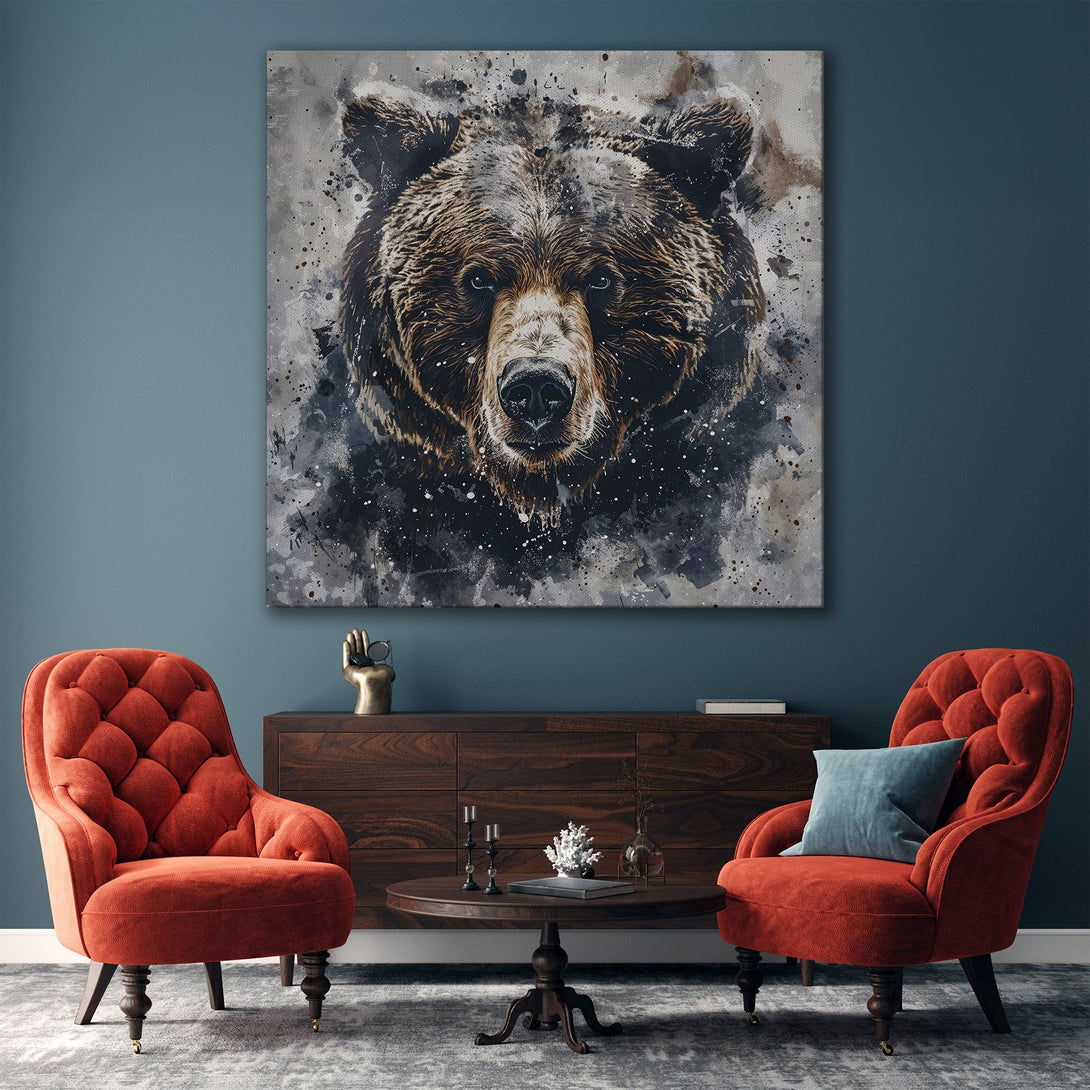 Framed Wall Art: Grizzly bear portrait in watercolor style. Earthy brown and gray tones. Modern home decor accent. Shop this canvas print today!