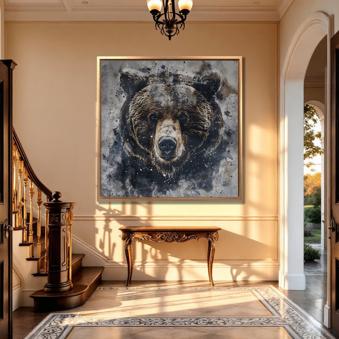 Framed Wall Art: Majestic bear portrait in watercolor style. Earthy brown and gray tones. Adds a touch of wilderness to any interior. Perfect home decor piece.