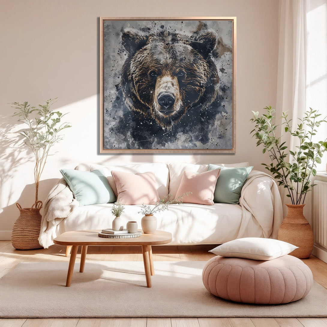 Framed Wall Art: Grizzly bear portrait in watercolor style. Earthy tones and neutral color palette. Perfect for living room decor.
