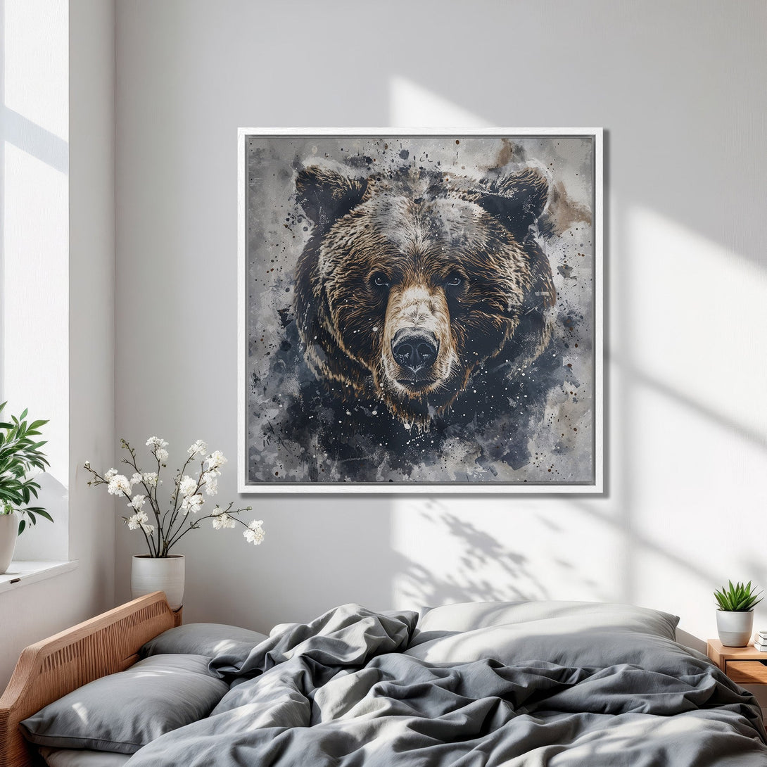 Framed Wall Art featuring a majestic bear portrait in a watercolor style with a neutral gray and brown color palette, perfect for any bedroom decor.