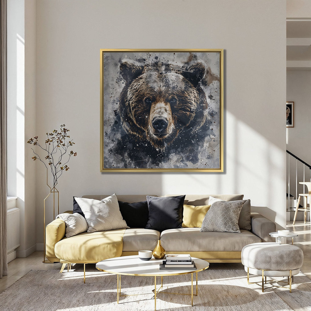 Canvas Print of a majestic bear portrait in a watercolor style. Earthy tones with a pop of color, perfect for modern home decor.