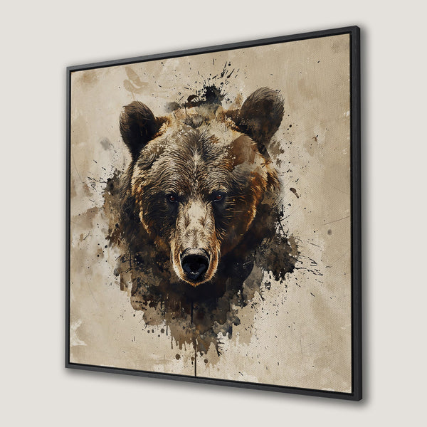 Framed Wall Art featuring a striking bear portrait in watercolor style with a brown, beige, and black color palette. Perfect for rustic decor.