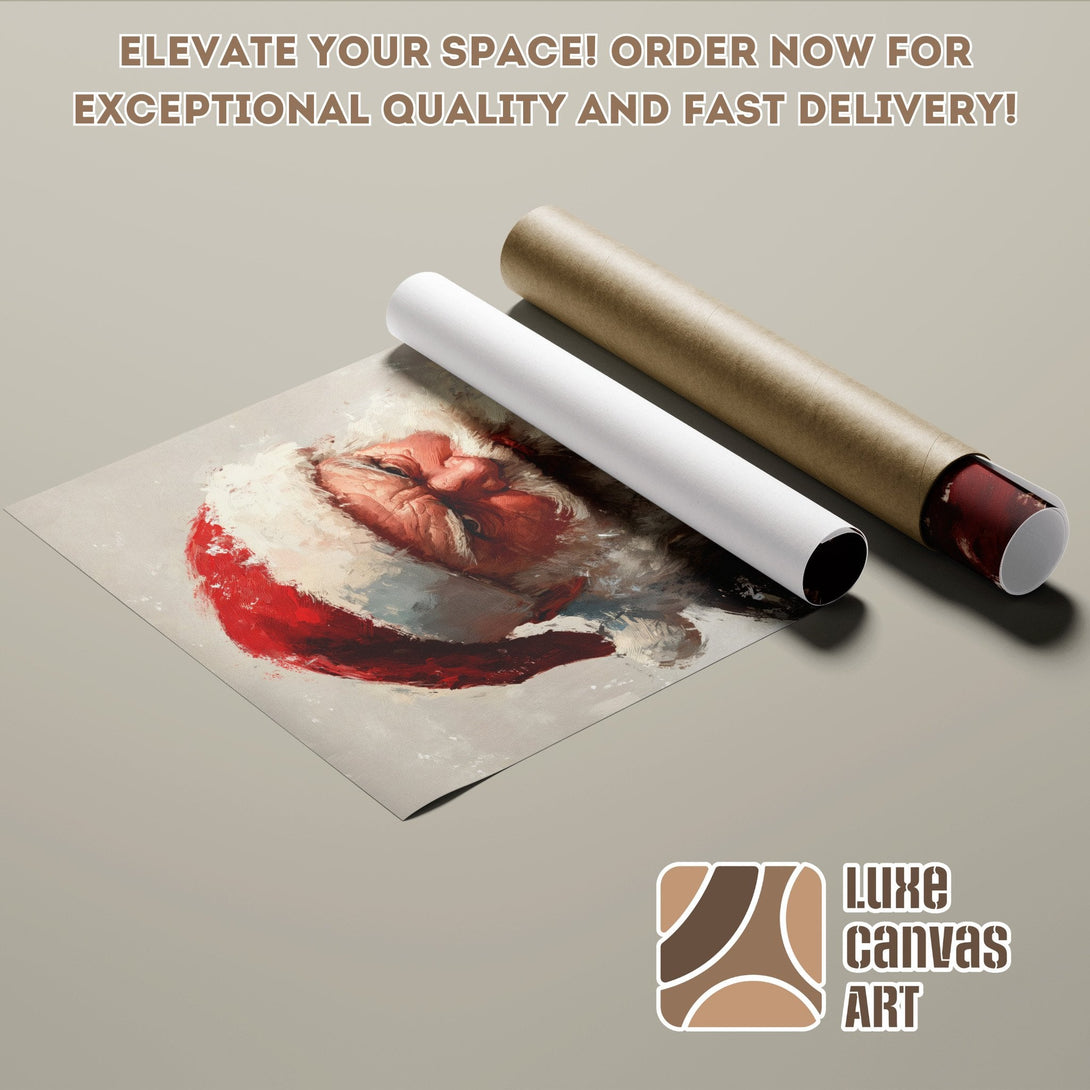 Santa Claus portrait poster roll, oil painting style, red, white, and neutral color palette. Elevate your space!