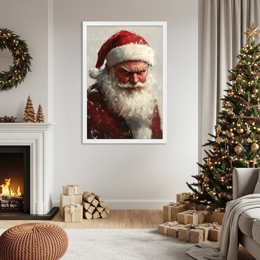 Framed Poster of Santa Claus in a painterly style. Red, white, and neutral tones create a festive, yet moody Christmas vibe.