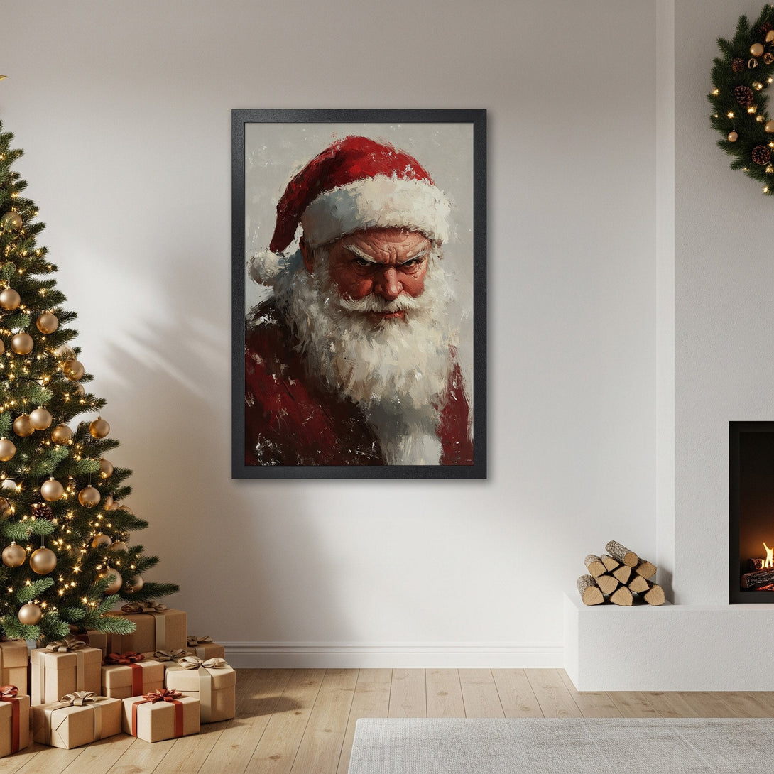Framed Poster of an intense Santa Claus portrait, oil painting style, red & white palette, perfect Christmas decor.