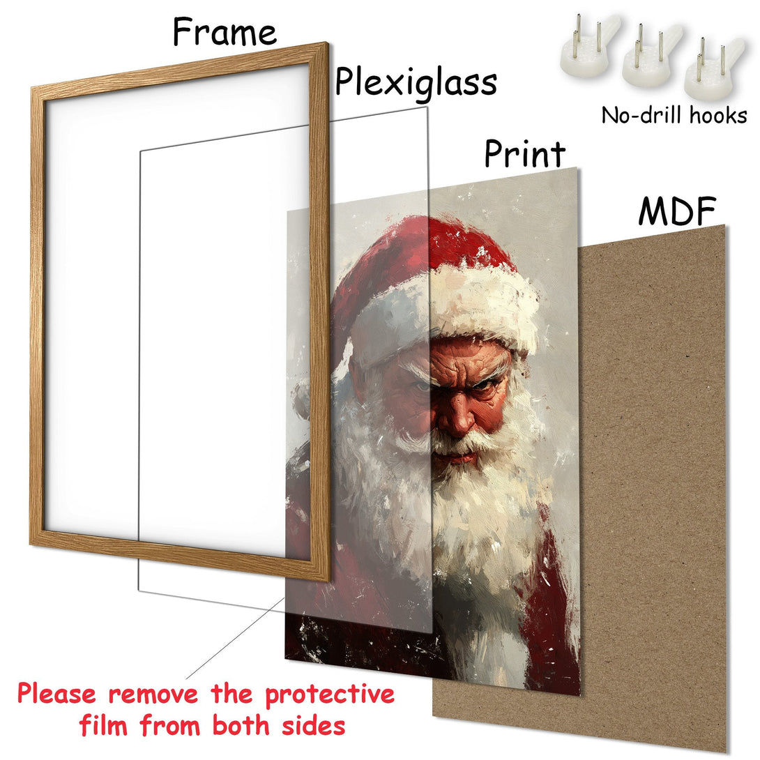 Framed Poster of Santa Claus in a painterly style with red and gray tones. Ready to hang Christmas wall art.